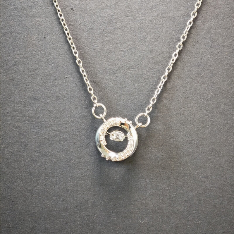 Titanium Steel Sparkling Circle Pendant Necklace, Dainty Moving Crystal Necklace for Women