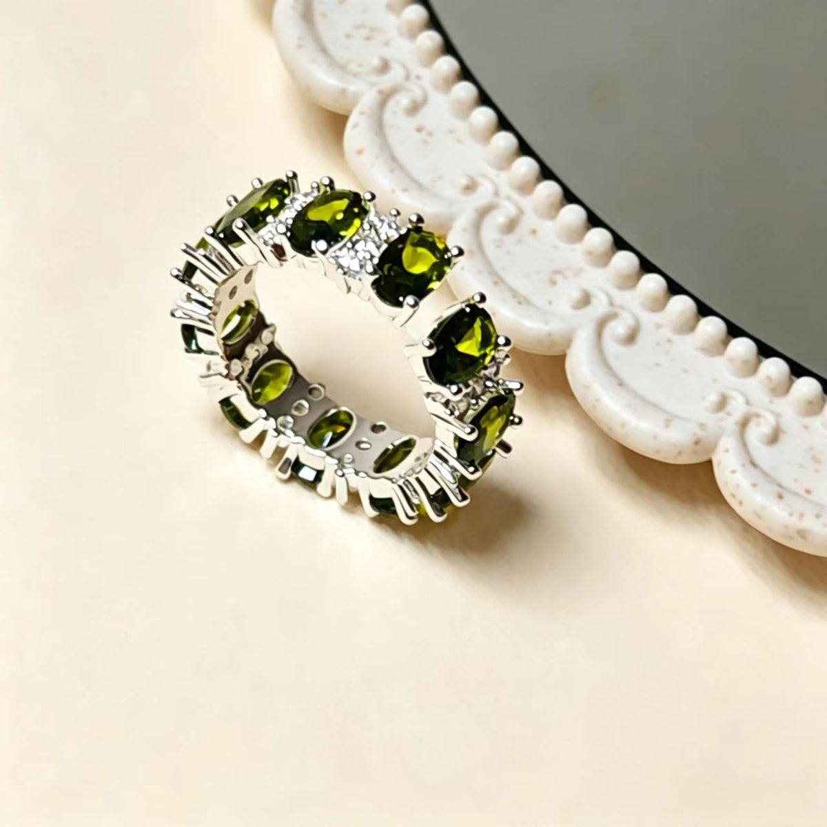 Vintage olive green crystal eternity ring, copper electroplated jewelry
