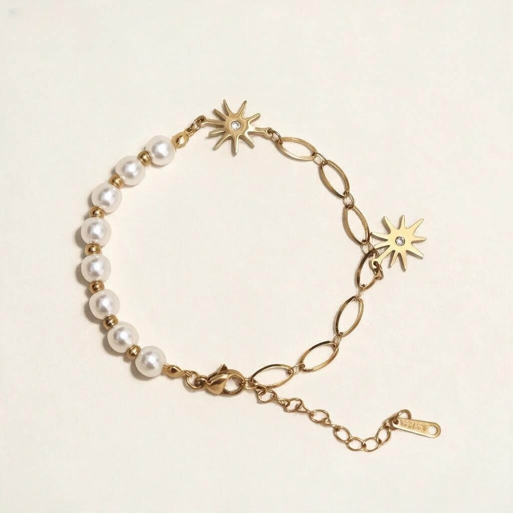 Sunburst charm faux pearl bracelet, PVD gold stainless steel link bracelet for women