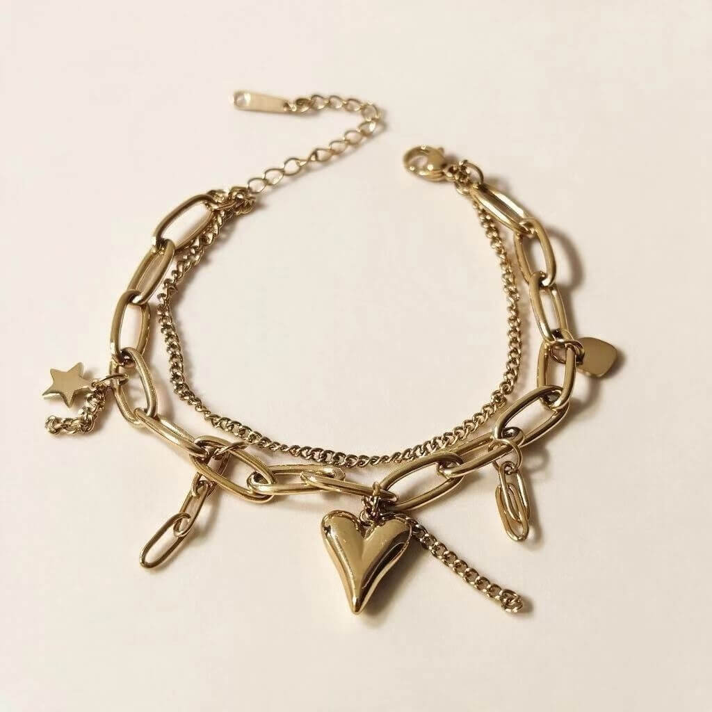 18K Gold Plated Double Layer Heart & Star Charm Bracelet, Stainless Steel Paperclip Chain Bracelet