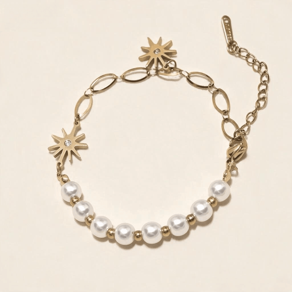PVD gold plated stainless steel bracelet, sunburst charm and faux pearl design, women fashion jewelry