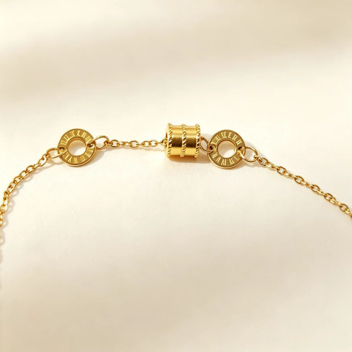 Dainty Roman Numeral Barrel Charm Bracelet | Gold Plated Stainless Steel Minimal Bracelet