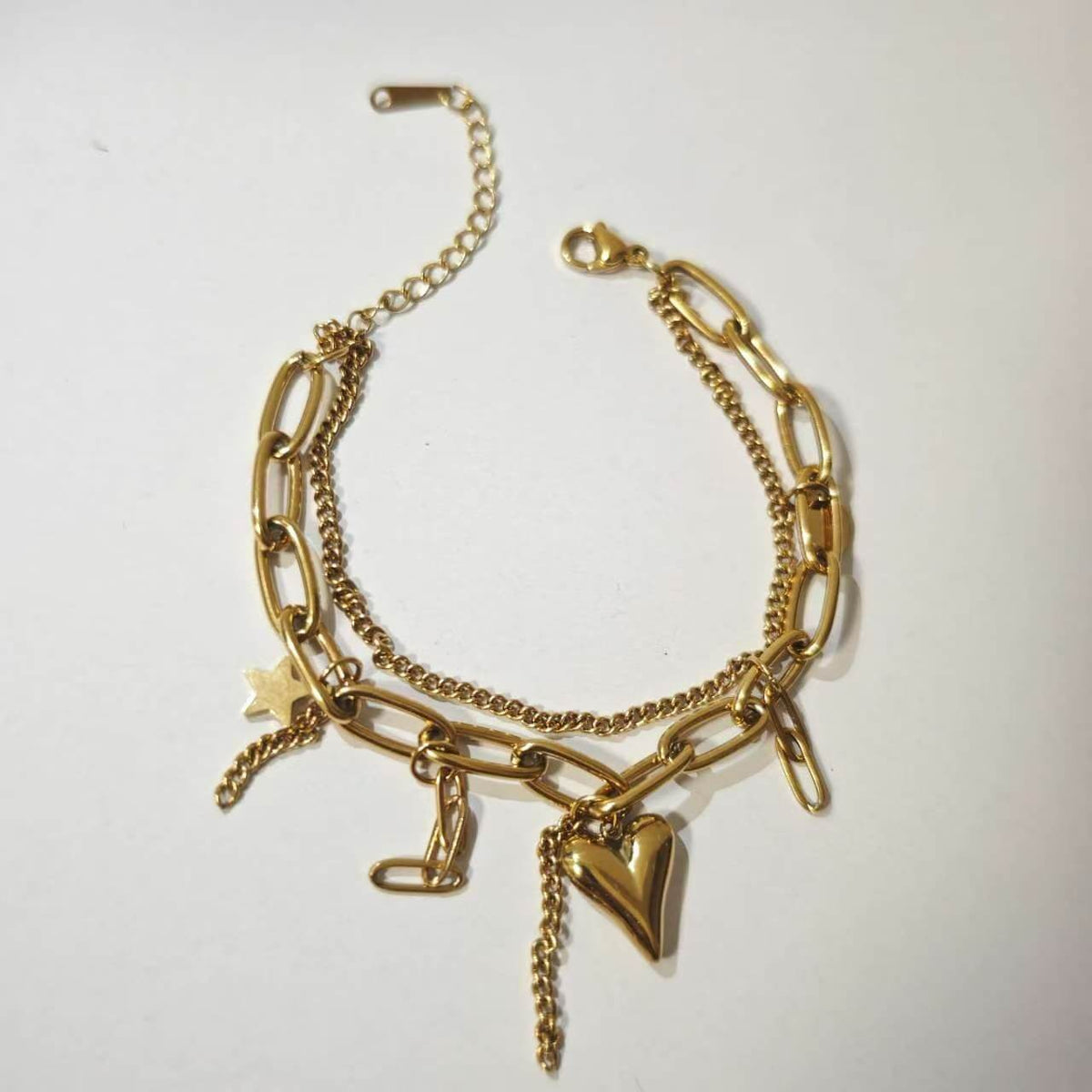 18K Gold Plated Double Layer Heart & Star Charm Bracelet, Stainless Steel Paperclip Chain Bracelet