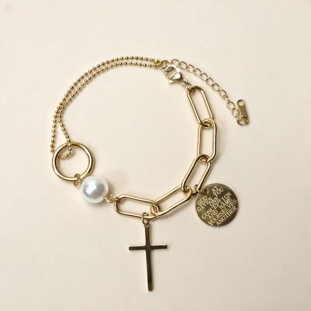 Faith & Grace 18K Gold Plated Cross Pearl Engraved Charm Bracelet