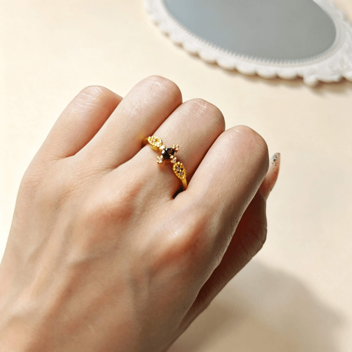 Vintage floral gold ring worn on hand, adjustable copper cocktail ring with oval green cubic zirconia, stackable dainty women jewelry