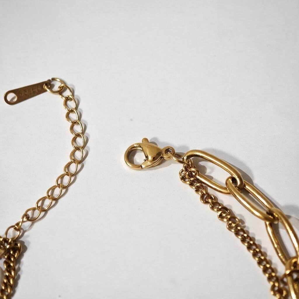 18K Gold Plated Double Layer Heart & Star Charm Bracelet, Stainless Steel Paperclip Chain Bracelet