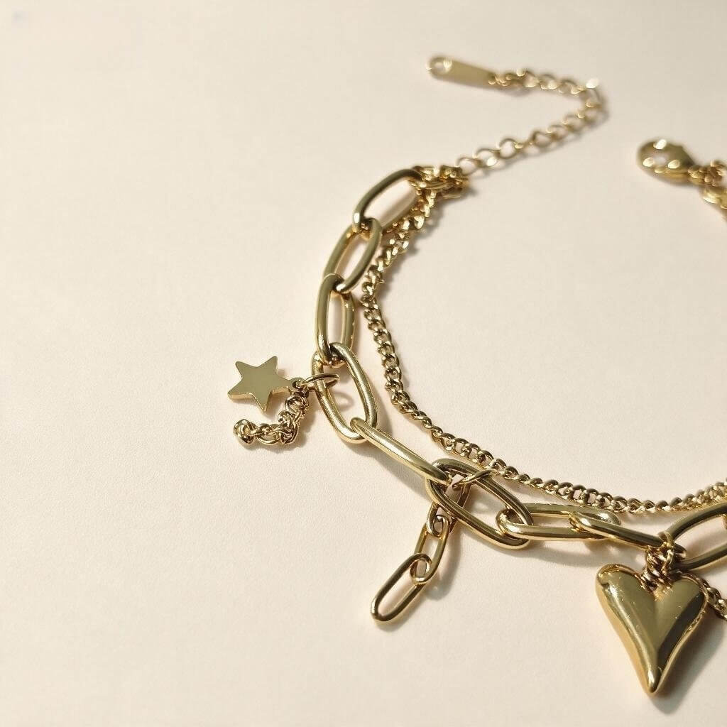 18K Gold Plated Double Layer Heart & Star Charm Bracelet, Stainless Steel Paperclip Chain Bracelet