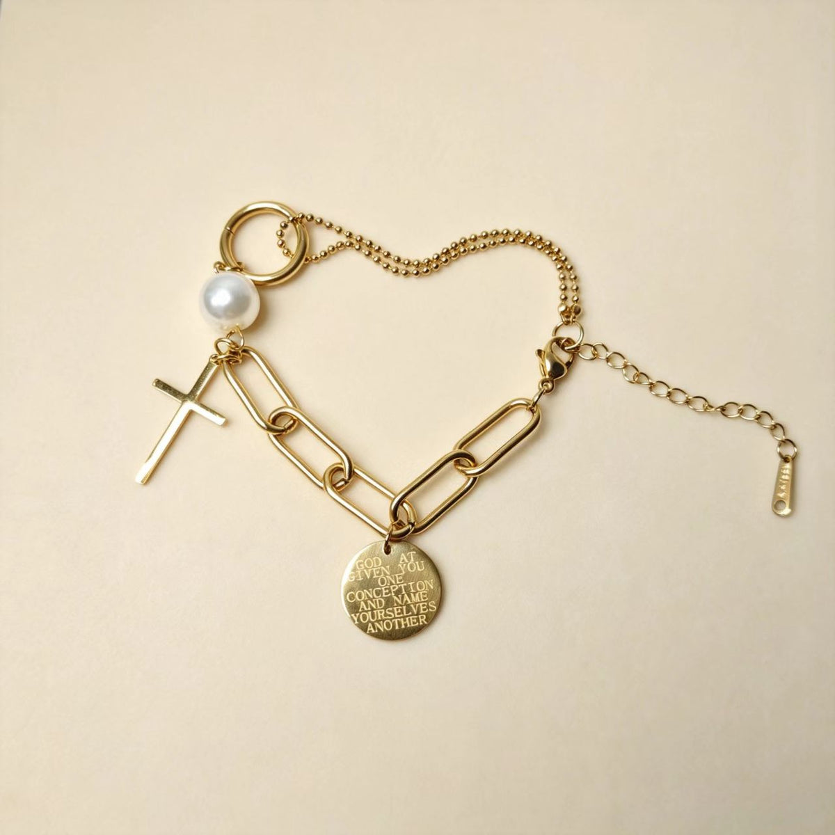 18K gold plated faith bracelet with cross, pearl and engraved coin charm