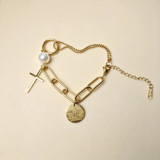 18K gold plated faith bracelet with cross, pearl and engraved coin charm