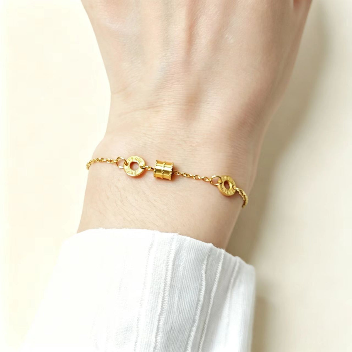 Dainty Roman Numeral Barrel Charm Bracelet | Gold Plated Stainless Steel Minimal Bracelet