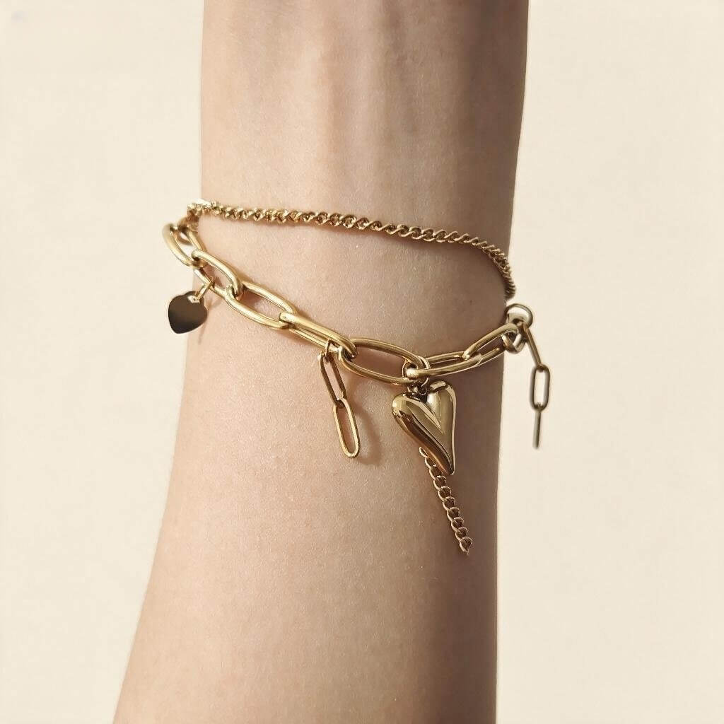 18K Gold Plated Double Layer Heart & Star Charm Bracelet, Stainless Steel Paperclip Chain Bracelet